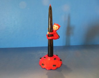 Lefton Pixie Devil Candle Climber Sits on Black Ceramic Candle w Red Flame - Red Holt Howard Candleholder Base - Wonderful OOAK Item