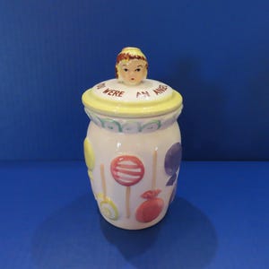 Pot à sucettes japonais vintage - « You Were an Angel Today - No, Today You Were a Rascal » - avec un ange ou un démon sur le couvercle du pot - IOB