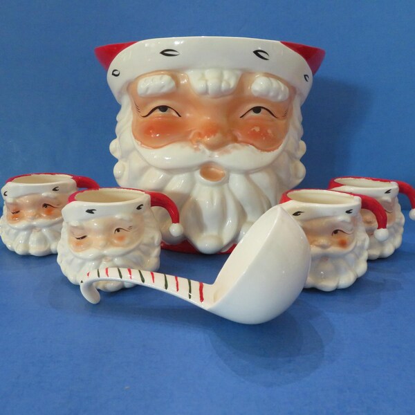 Norcrest Santa Christmas Punch Bowl Set - Set Includes; Bowl, Four Cups and Original Ladle - Wonderful Vintage