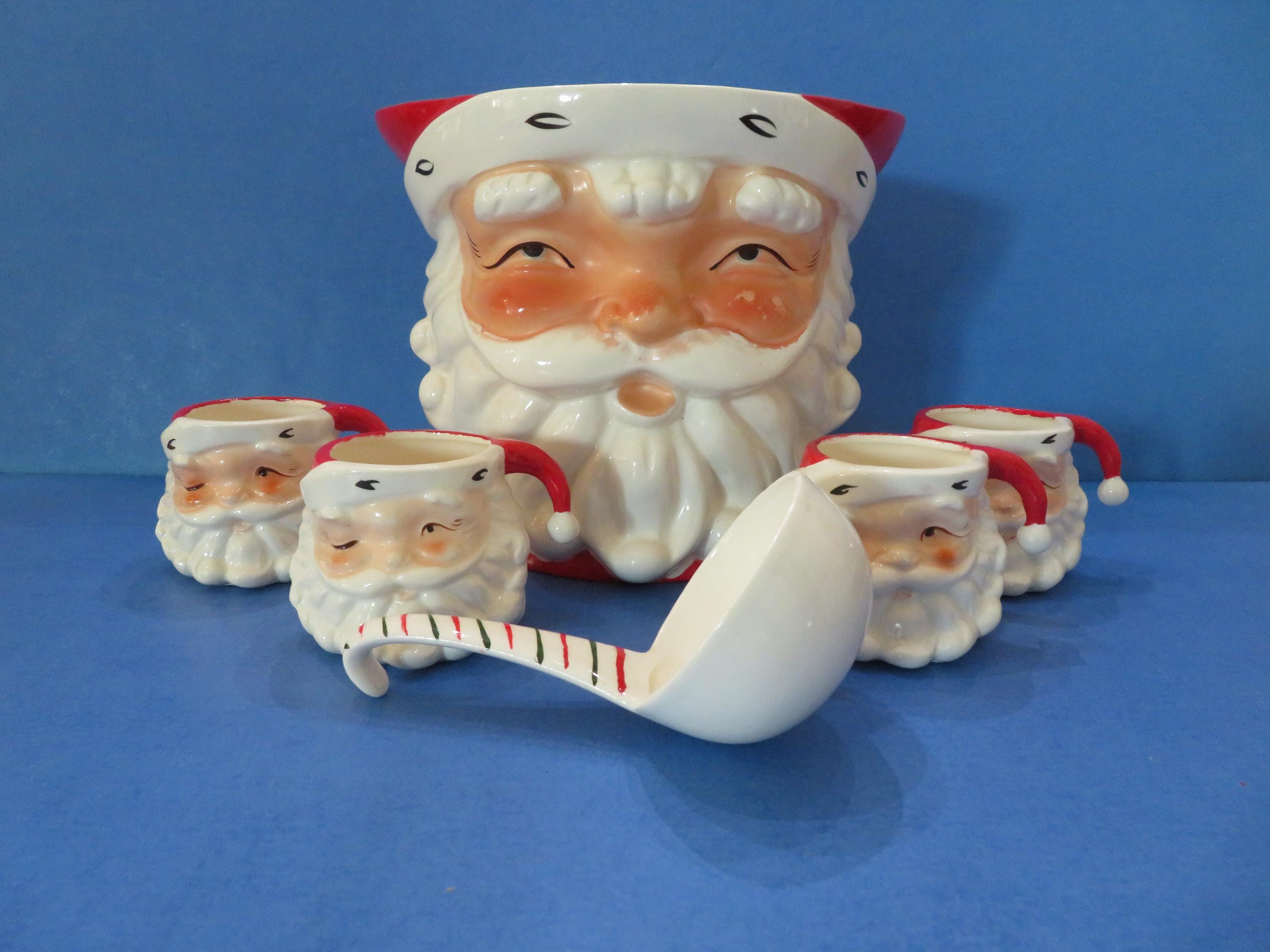 Norcrest Santa Christmas Punch Bowl Set - Set Includes; Bowl, Four