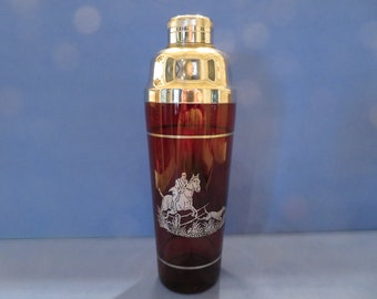 Cambridge Ruby Red Cocktail Shaker with Sterling Silver Overlay - Hunt Scene - Very Nice