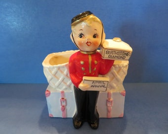 Vintage Japan Bell Hop Planter - He is Holding "April Arrival" Placard and Pillow with  "Birthstone Diamond" - Wonderful and Rare Vintage!