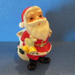 Norcrest Santa Claus Planter or Candy Cane Holder - Santa Hold Two Bells and Holly Embellished Toy Bag - Wonderful Vintage!