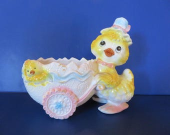 RELPO Easter Bunny Planter - Mama and Baby Chick  - She is Pushing Easter Egg Cart with Chick "Peeping" Out of the Side - Lovely Vintage!
