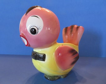 Lefton Easter Chick-A-Dee Planter or Jelly Bean Candy Dish - Dapper Dude with Black Bow and Pink Tail Feathers - Wonderful Vintage!