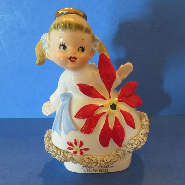 Consco Marilyn Exclusives Poinsettia Angel Girl Wears White Dress with Blue Sash - Embellish with Huge Poinsettia - Lovely and Rare!