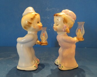 Kamo Japan Easter or Spring Boy and Girl Salt & Pepper - Each Holding a Lantern as They Prepare for Their Bedtime - Wonderful and Rare!