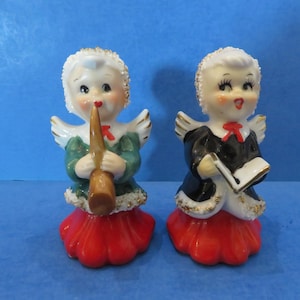 Vintage Japan Christmas Caroling Angels - Playing a Horn or Singing From a Song Book - Wonderful Eyes - Lovely Vintage!