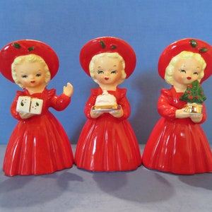 Nippon Christmas Shopper Girls - Set of 3 - Each Wears Red Jewel Neckline Dress w Maching Holly Trim Hat - Holding Present, Cake, XMAS Tree