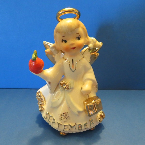 Lefton September Angel Has Beautiful Gold Tip Wings and Rhinestone Embellished Skirt - Holds Apple and Books Tied to Her Wrist! Excellent!