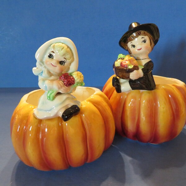 Reserved! Samson Thanksgiving Pilgrim Girl & Boy - Sit on the Side of a Pumpkin Planter - She w Bouquet of Flowers, He w Harvest Basket!