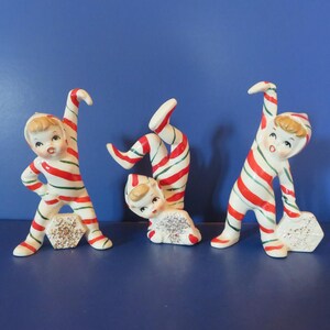 Figuras vintage de hadas dando tumbos de Napco - Rayas de bastón de caramelo, juego de 3 (1956)
