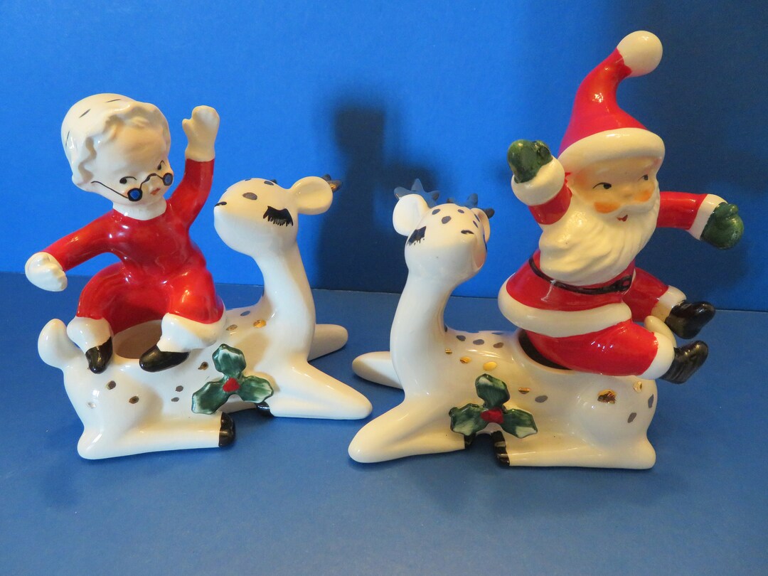 Lefton White Reindeer Taper Candle Holders With Santa and Mrs Claus