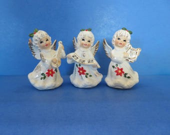 エンジェル 人形 2体セット made in Italy ID-742 Norcrest Musical Angel Trio - Each Wears Poinsettia Embellished