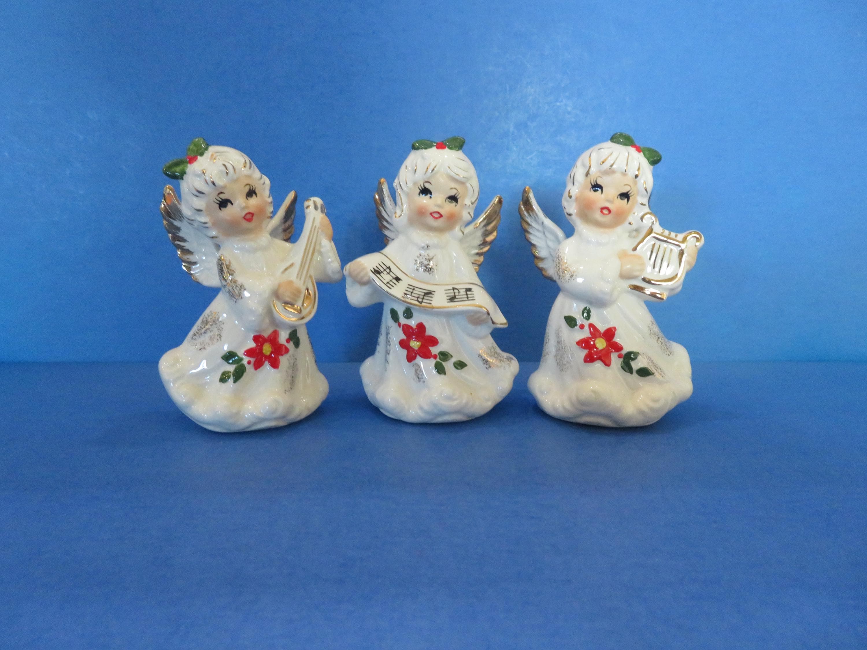 Norcrest Musical Angel Trio - Each Wears Poinsettia Embellished