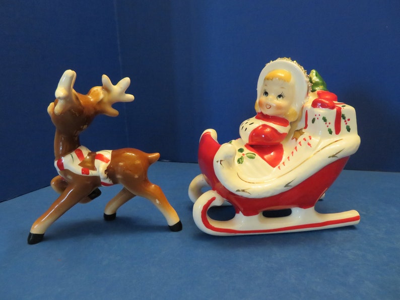 Vintage Japan Girl with Ermine Muff Rides in Candy Cane Sleigh | Etsy