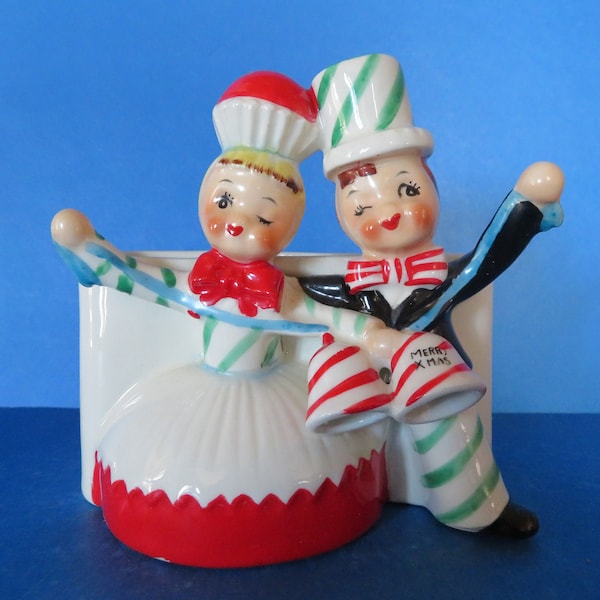 Enesco Sweet Shoppe Cupcake Boy and Girl Planter - Holding Candy Cane Striped Bells "Merry XMAS" - Wonderful and Rare!