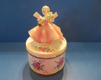 Lefton Mother's Day Candy Dish with Music Box - She Holds Big Bouquet of Pink Flowers She Has Just Received From Her Child - Lovely Vintage!