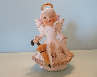 Norcrest April Angel Holds an Umbrella - Pink Bows on Her Dress - Wonderful Vintage!