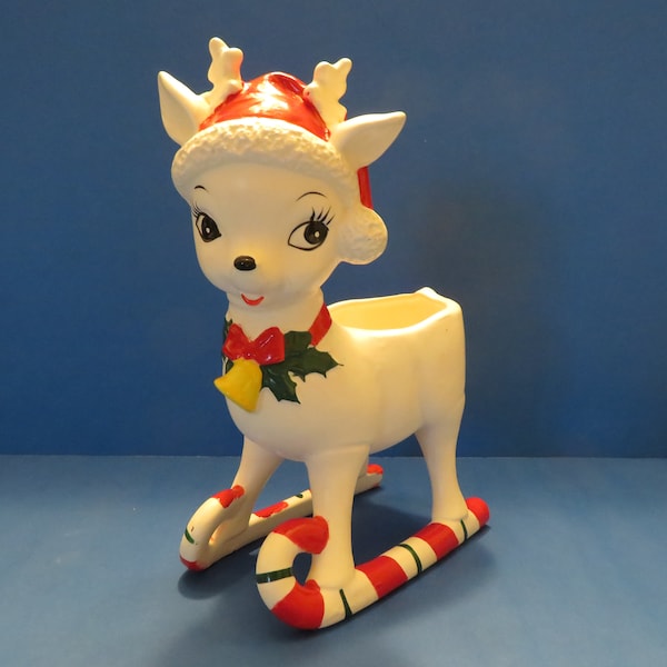 Samson Import Reindeer Candy Cane Holder or Planter  - He Rides on Two Candy Cane Ski's - Bell on His Neck Holly Trimmed - He is HUGE!