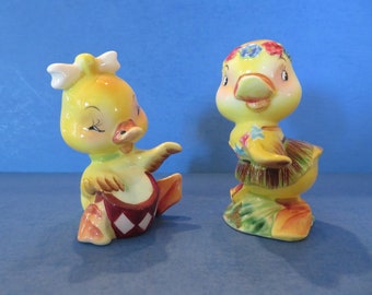 PY Norcrest Boy and Girl  Hula Ducks  Salt and Pepper Shaker Set of 2 - She is Wearing Lei w Grass Skirt and He is Playing Drum - Excellent!