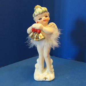 Victoria Ceramics Ballerina - Wears White Fur TuTu - Holds Three Bells in Her Hands Tied w Red Bow - Wonderful Eyes - Wonderful Vintage!
