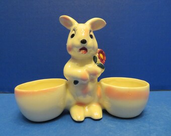 Easter Bunny Egg Cup Holder - Pink and White Bunny Holds a Flower - Ready to Guard Your Decorated Eggs on Easter Morning!