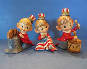 Vintage Japan 4th of July Pixie Set of 3 - Ready for Booming Independence Day! Sewing the Flag, Banging a Drum, Polishing Liberty Bell!