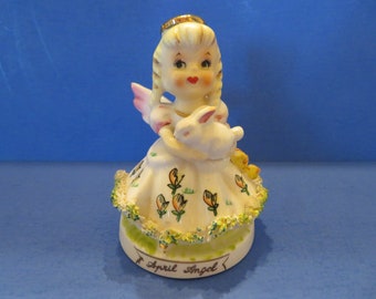 TMJ April Angel Holds an Easter Bunny  - She Wears a Spaghetti Trimmed Dress Detailed with Tulips - Pink Tinted Wings - Lovely Vintage!