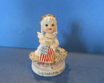 TMJ July Angel Holds American Flag  - Pink Tinted Wings - Dress Embellished with Dimensional and Painted Flowers - Wonderful Vintage!