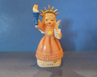 Fine A Quality - USA Angel Mimics the Statue of Liberty - She Holds a Torch and Wears a Crown - Wears a Mauve Dress - Wonderful Vintage!