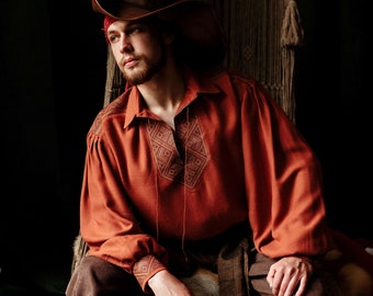 Pirate fantasy shirt "Jack Rackham". Men Renaissance fair costume. Medieval Cotton Pagan shirt with embroidery. Festival clothes