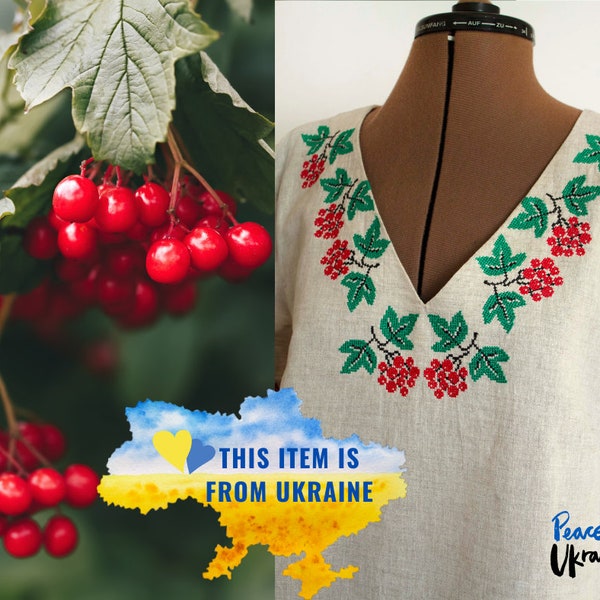 Ukrainian Vyshyvanka blouse "Kalyna", Folk Peasant Blouse, Embroidered Puff sleeves Blouse, Poet sleeves blouse, Ukrainian Clothes