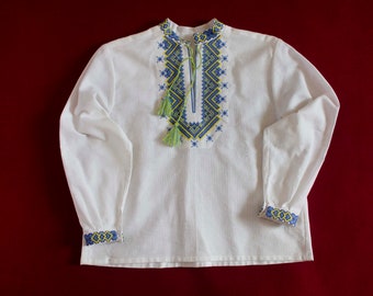 Traditional Embroidered Ukrainian Vyshyvanka for a Boy 10 or 12 years. Embroidered Boys Shirt. Cotton Sleeve Shirt. Ready to Ship!