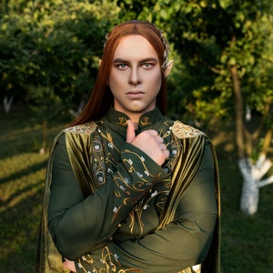 Elven Costume Lord Leafshadow of the Green Valley. For Ren fairs, designer cosplay, and geek wedding costumes. Khaki Green Color Costume