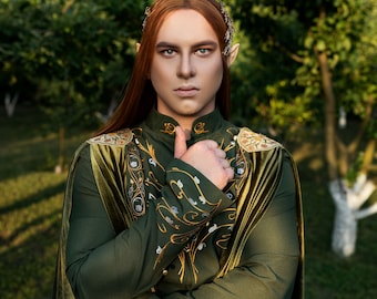 Elven Costume Lord Leafshadow of the Green Valley. For Ren fairs, designer cosplay, and geek wedding costumes. Khaki Green Color Costume