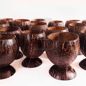 Peut inclure: Un groupe de 12 verres à boire en coque de noix de coco brune avec une base arrondie. Les verres sont disposés en demi-cercle sur une surface blanche.