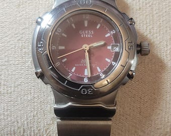 Vintage Guess Steel Diver-Style Waterproof Watch – Burgundy Dial, 200M Water Resistant, Japan Quartz, 33mm