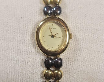 Vintage Seiko 1221-5790 Women’s Gold Oval Quartz Watch – Two-Tone Beaded Bracelet, Japan Made