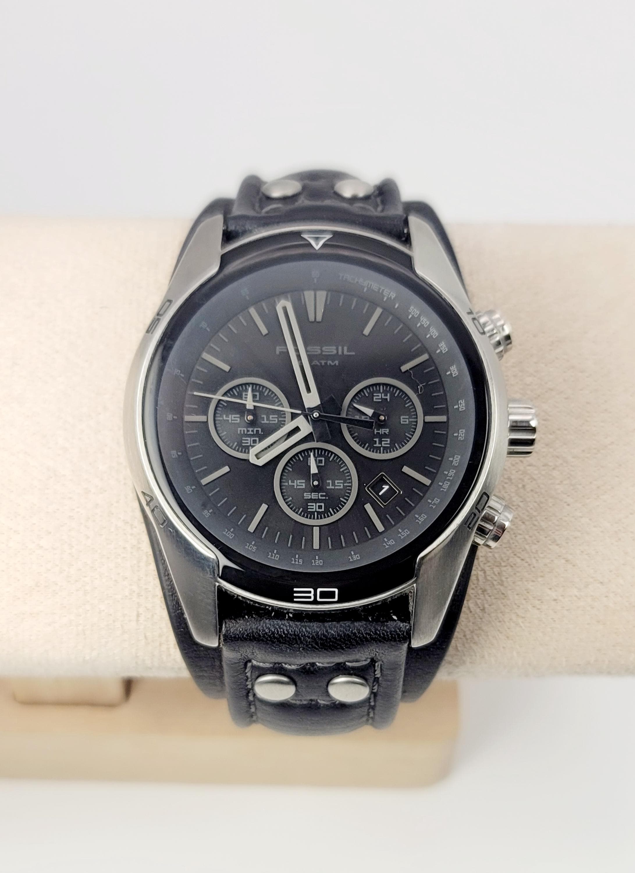 Fossil CH‑2586 Men's Chronograph Watch – Black Dial, Leather Cuff