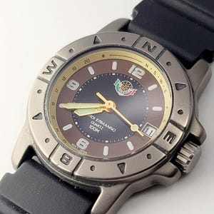 May include: A wristwatch featuring a black rubber strap and a metallic grey case. The watch face is brown and black with gold hands and markers. The watch face has the text "RDI ERMANNO QUARTZ 100M".