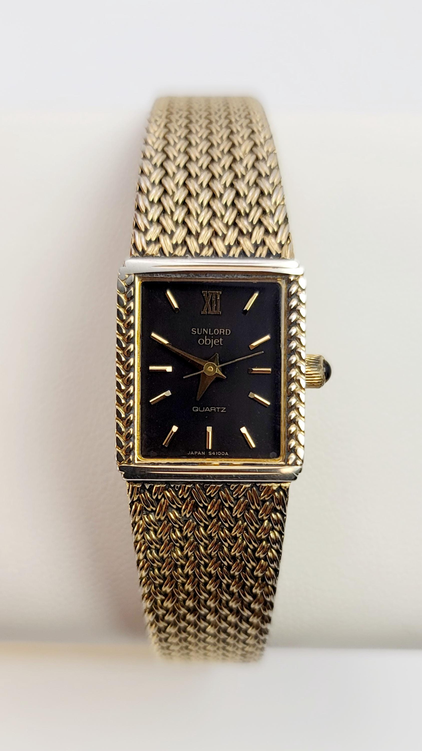 Vintage Sunlord Objet Tank Watch – Black Dial, Gold Tone Mesh