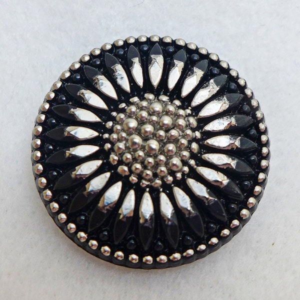 Czech glass button,  32mm, sunflower,  large button, black, silver