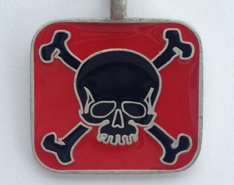 Pirate black skull - red square pewter pendant with expandable necklace