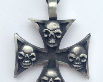 Biker cross with skulls pewter pendant with expandable necklace