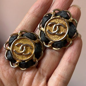 Authentic vintage Chanel earrings CC black leather hoop pearl dangle