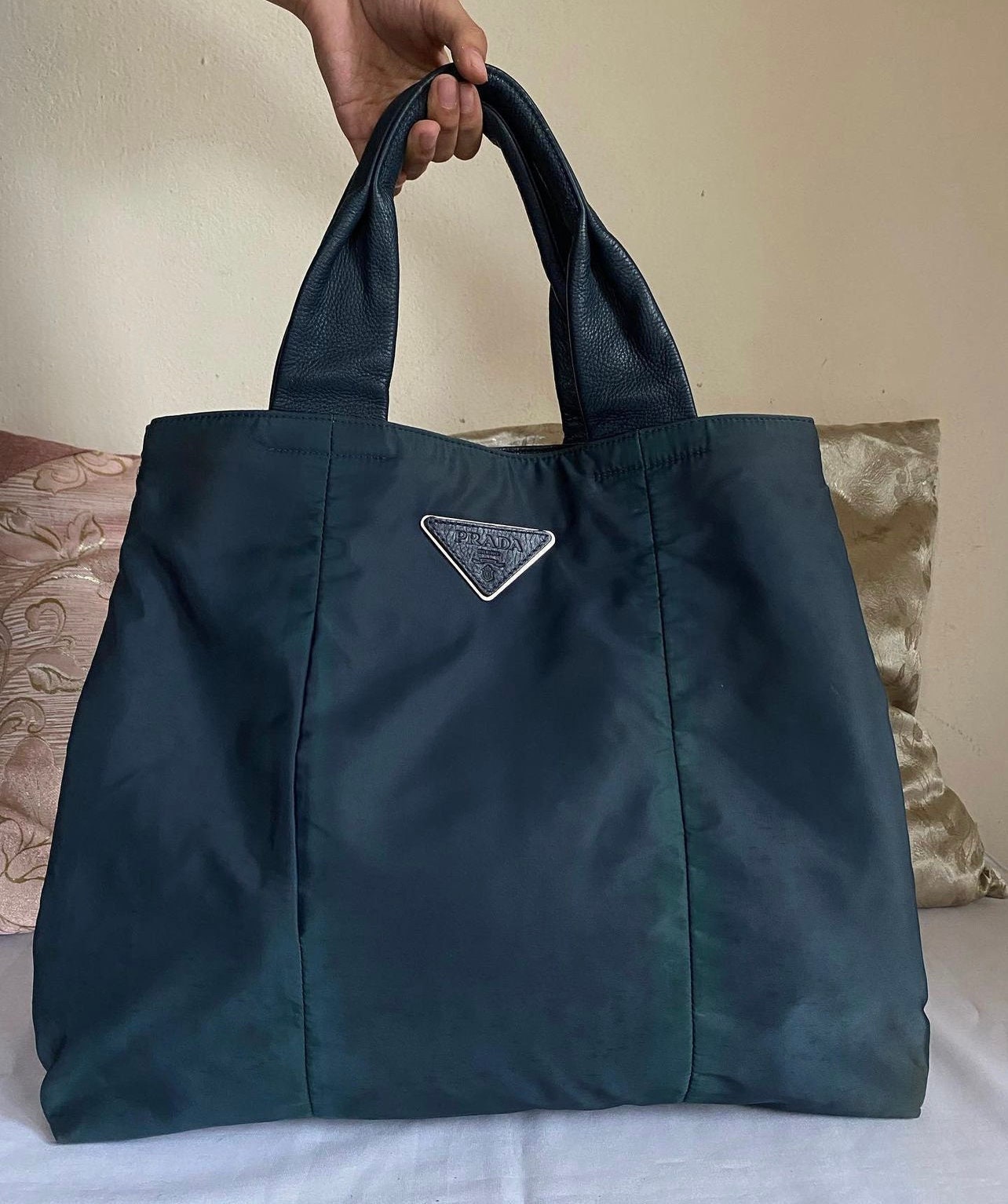 PRADA Nylon Leather Shopping Tote Shoulder Bag Dark Blue