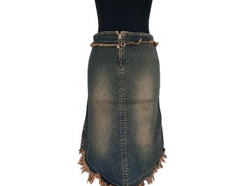 Y2K denim midi asymmetrical skirt with fringe , 90s 00s fashion denim skirt, grunge style skirt