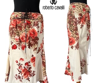 2002 Roberto Cavalli floral print denim skirt with corset belt