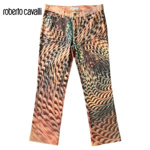 Roberto Cavalli SS 2001 Art Collection Psychedelic cotton pants. Vintage archive jeans with gold small studs